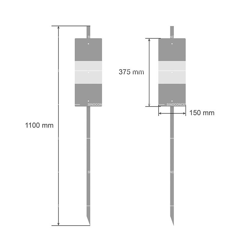 Drawing of a single-sided steel roadworks beacon, displaying detailed data of the overall height, panel height, and panel width.