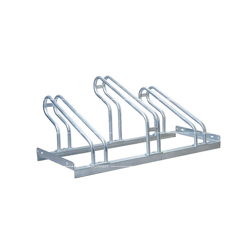 Floor bike rack 2000 also called floor mounted bike stand made of steel with three spaces for outdoor cycle parking management