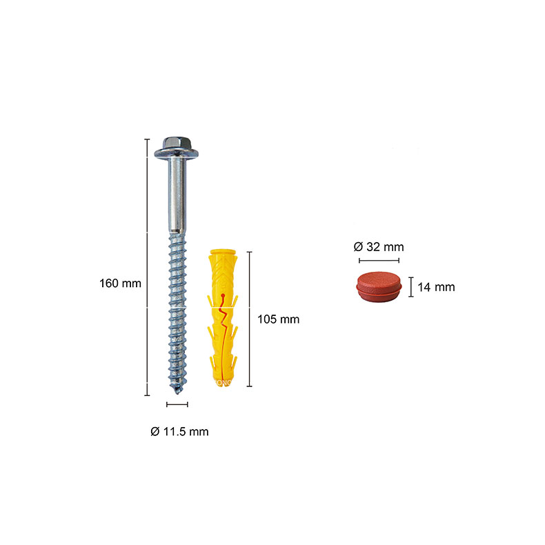 A flange bolt with a diameter of 11.5mm and a height of 160mm, paired with a yellow plastic anchor that is 105mm in height. There is also a red cap with a diameter of 32mm and a height of 14mm.