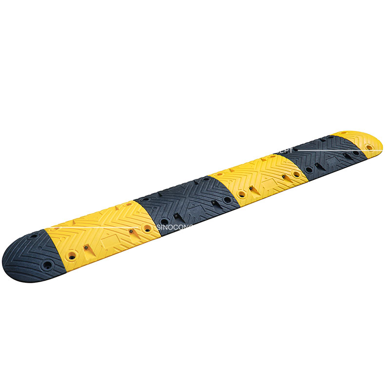 Black and yellow speed bump of 5cm height made of Plastic-Rubber material for traffic-calming purposes.