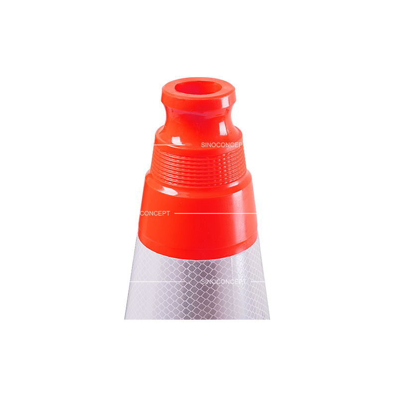 A close-up of the top of a 500mm height orange traffic cone made of PVC.