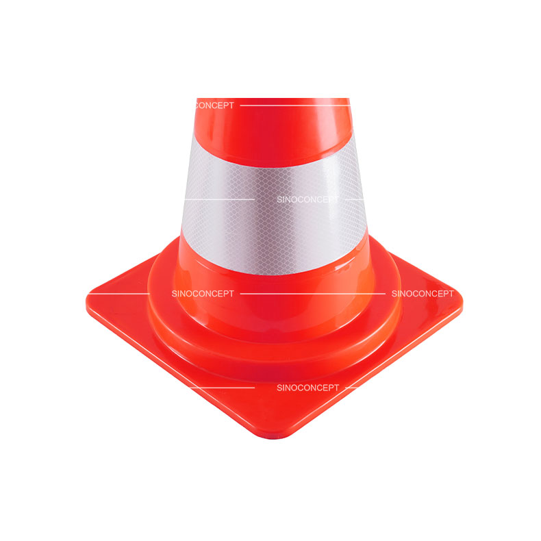 View of base details for 500mm reflective traffic cones made of orange PVC as a temporary traffic management equipment.