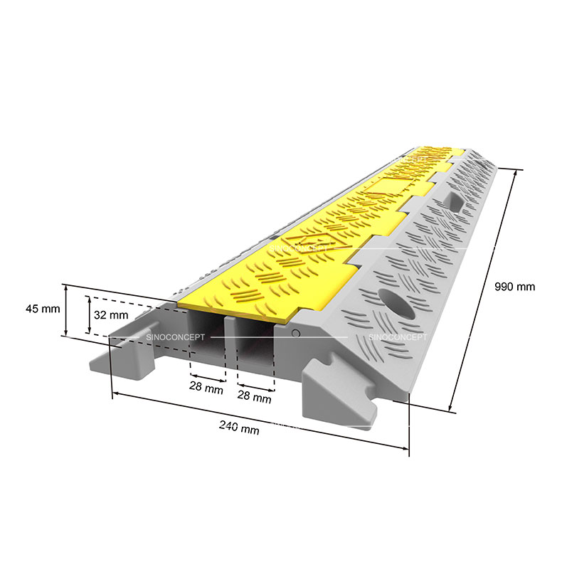 3D drawing of a plastic-rubber composite cable protector showing dimensions of 2 channels type.