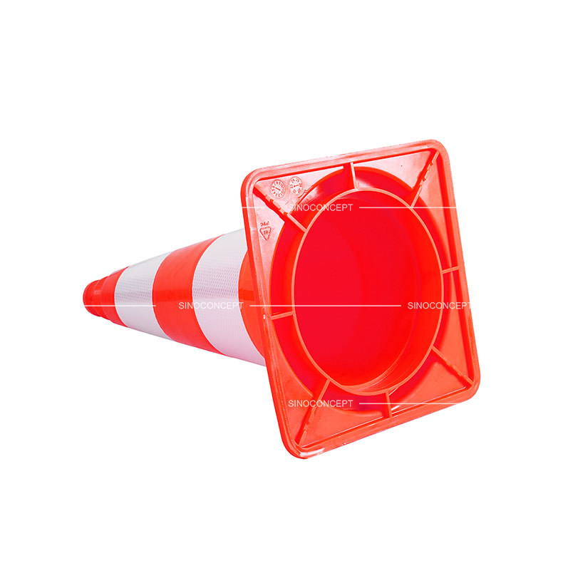 The bottom view of a 500mm traffic cone designed with PVC base and pasted with reflective tapes for traffic safety.