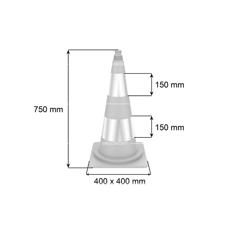 3D drawing of 750mm highway type safety cone showing dimensions of the body height, base and reflective tapes.