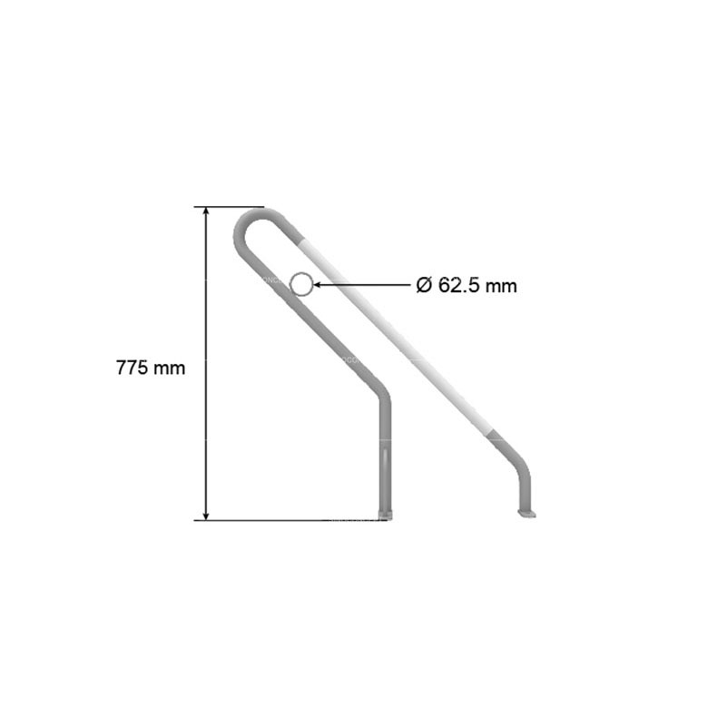 Drawing of a single part of cycle rack showing the dimensions of its height and diameter of the circle for locking.