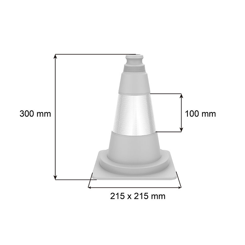 3D drawing of 300mm type traffic cone showing dimensions of the body height, base and reflective tapes.