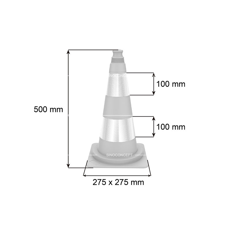 3D drawing of 500mm type traffic cone showing dimensions of the body height, base and reflective tapes.