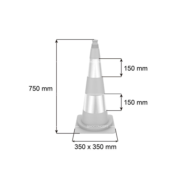 3D drawing of 750mm type traffic cone showing dimensions of the body height, base and reflective tapes.