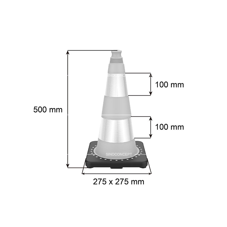 3D drawing of 500mm weighted traffic cone showing dimensions of the body height, base and reflective tapes.