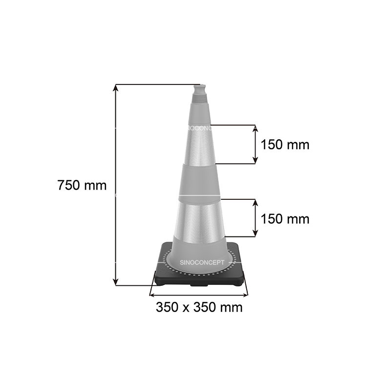 3D drawing of 750mm weighted traffic cone showing dimensions of the body height, base and reflective tapes.