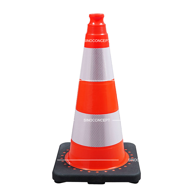 A 500mm weighted traffic cone made of PVC material with black rubber base, also pasted with glass bead reflective tapes for traffic management.