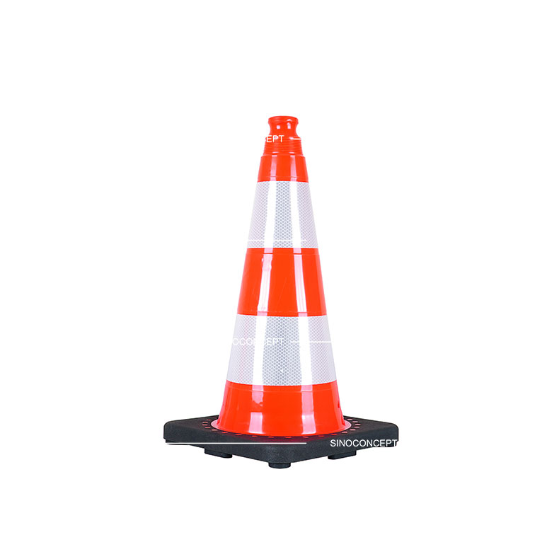 A 500mm weighted traffic cone made of PVC material with black rubber base, also pasted with glass bead reflective tapes for traffic management.