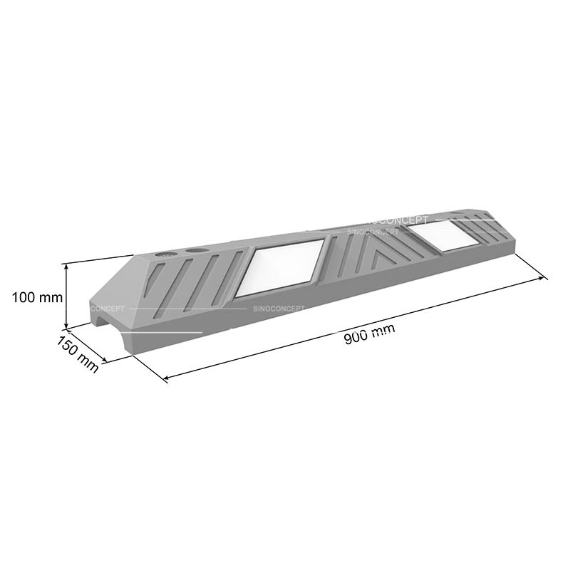 Drawing of a 900mm parking stopper with white reflective films showing dimensions including the length, width and height.