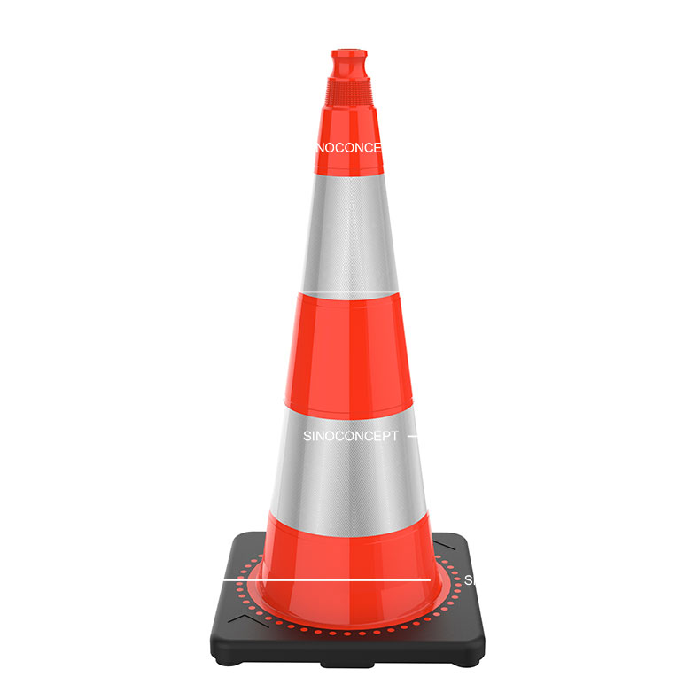 A 750mm weighted traffic cone made of PVC material with black rubber base, also pasted with glass bead reflective tapes for traffic management.