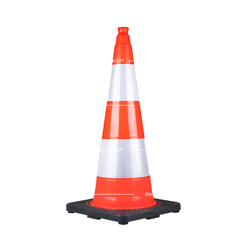 A 750mm weighted traffic cone made of PVC material with black rubber base, also pasted with glass bead reflective tapes for traffic management.