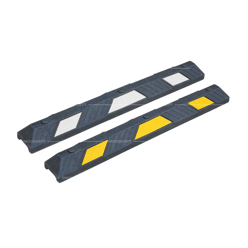 Two 1220mm black parking blocks made of Plastic-Rubber composite with white or yellow glass bead reflective tapes for car park management.