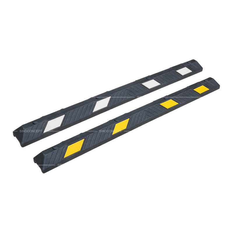 Two 1830mm black parking curbs made of Plastic-Rubber composite with white or yellow glass bead reflective films for car park management.