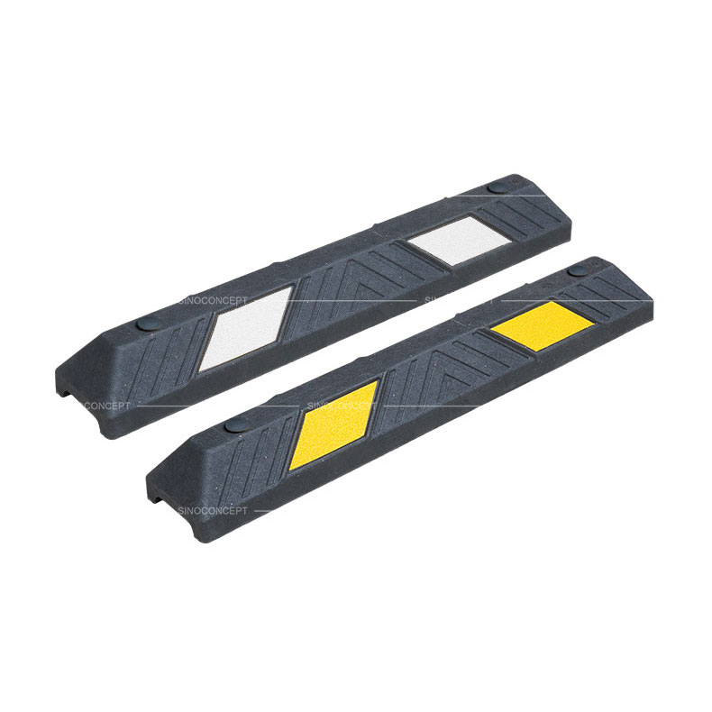 Two black parking stops made of Plastic-Rubber composite with white or yellow glass bead reflective tapes for car park management.