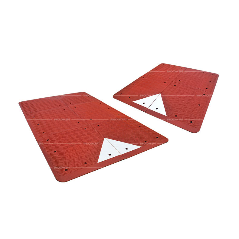 Red speed cushion also called speed table with 4 parts made of red vulcanized rubber and white reflective tapes