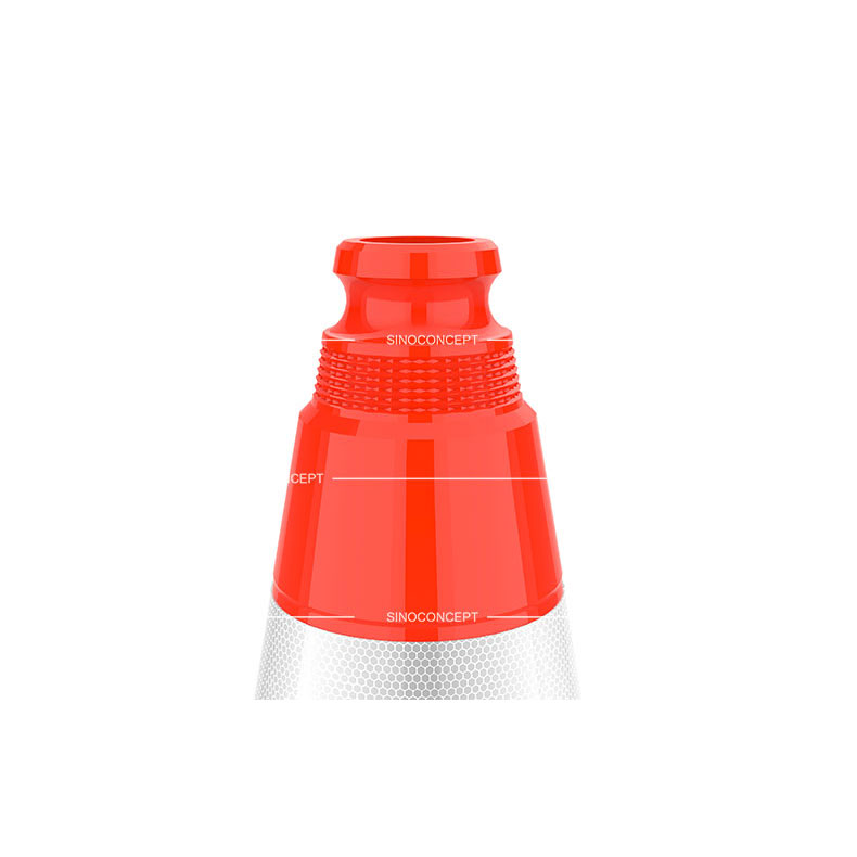 A detailed view of the top of a 300mm orange traffic cone made of PVC with reflective films.
