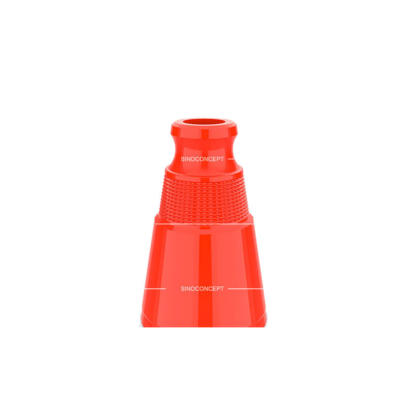 A close-up of the top of a 750mm orange highway safety cone made of PVC.