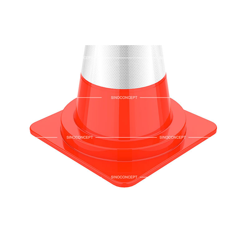 Base details view of a 300mm road cone made of orange PVC with reflective tapes, enhancing road safety.