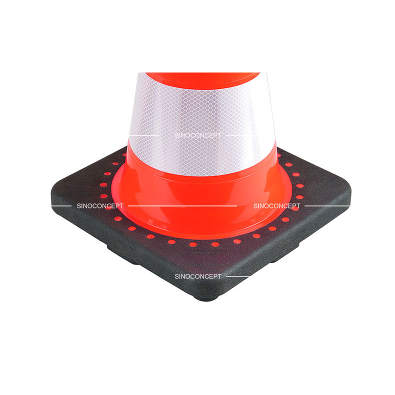 A 500mm weighted traffic cone made of PVC material and black rubber base, also pasted with glass bead reflective tapes for traffic management.
