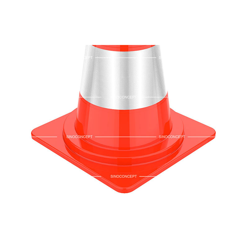 A detailed view of the base of 750mm highway safety cone made of orange PVC material with reflective tapes, designed for highway traffic safety management.