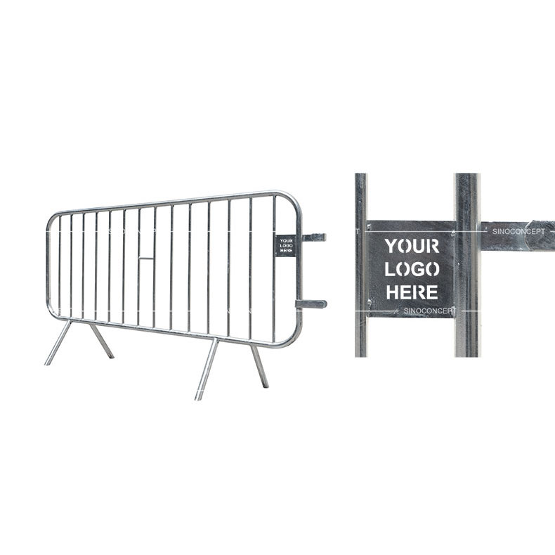 A 2-meter crowd control barrier with a corner designed for adding custom logos.