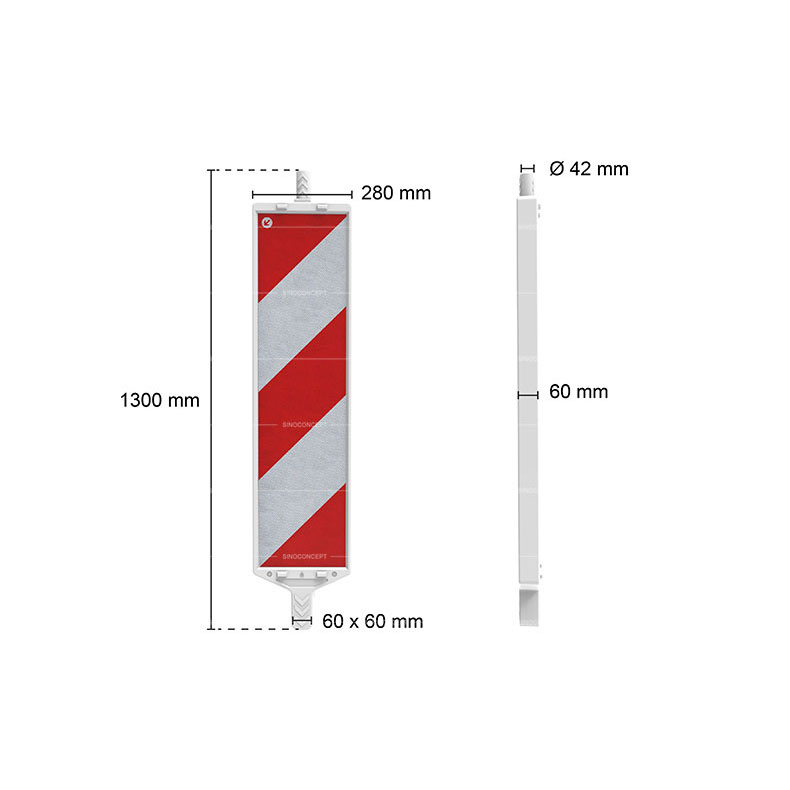 Dimensions of plastic delineator panel also called plastic traffic beacon pasted with reflective tapes used as a traffic safety device