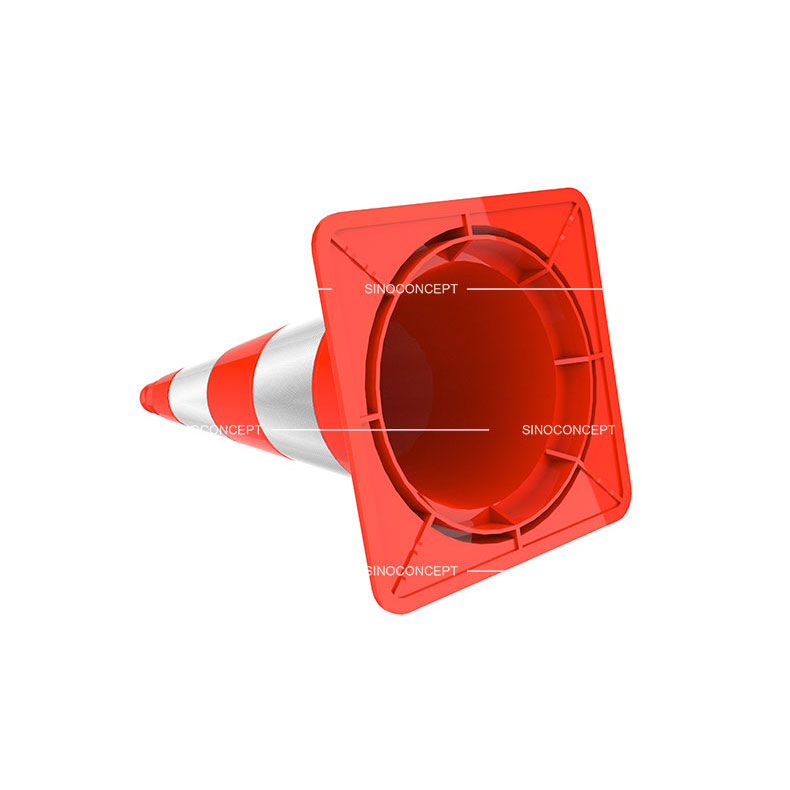 The bottom view of a 500mm traffic cone designed with PVC base and pasted with reflective tapes for traffic safety.