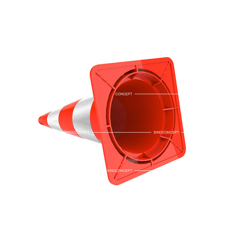 A bottom view of a 750mm orange street cone also called traffic warning cone made of PVC material as a traffic safety device.