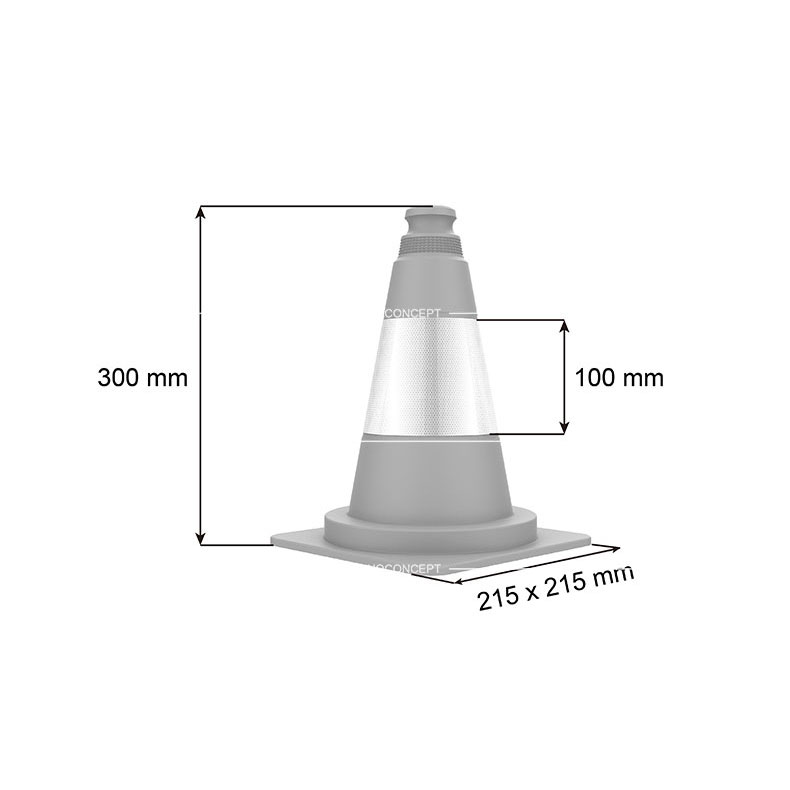 3D drawing of 300mm type traffic cone showing dimensions of the body height, base and reflective tapes.