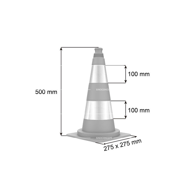 3D drawing of 500mm type traffic cone showing dimensions of the body height, base and reflective tapes.