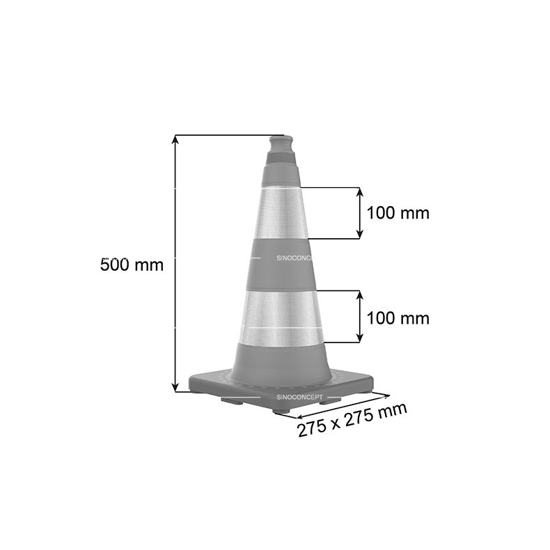 3D drawing of 500mm weighted traffic cone showing dimensions of the body height, base and reflective tapes.