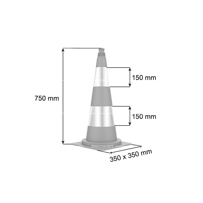 3D drawing of 750mm type traffic cone showing dimensions of the body height, base and reflective tapes.