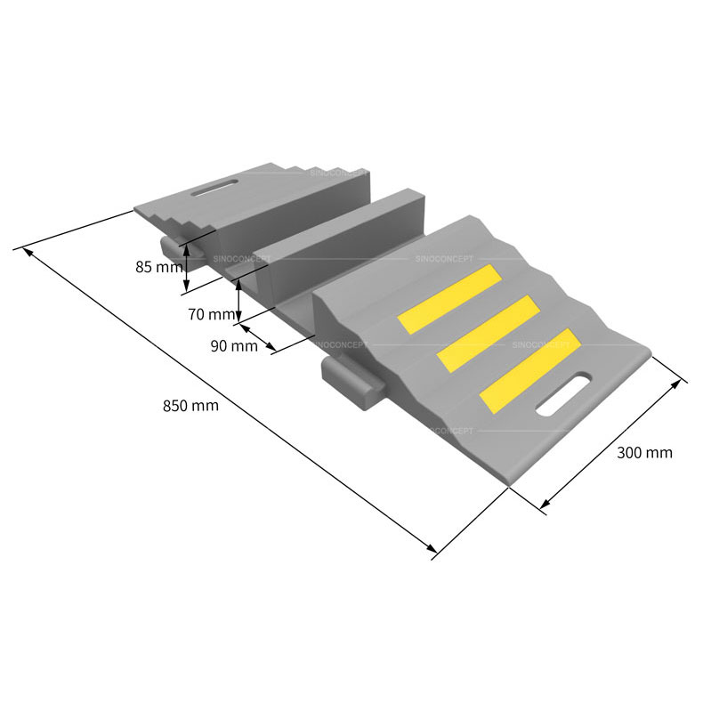 3D drawing showing dimensions for rubber hose ramp cover made of black recycled rubber and yellow glass bead reflective tapes