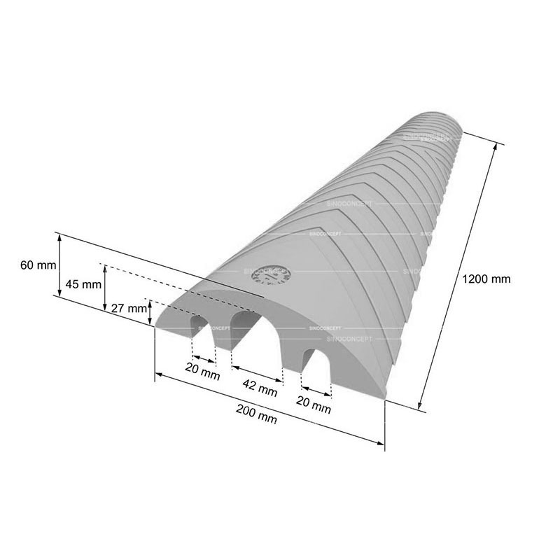 3D drawing of cable ramp also called outdoor cable protector showing dimensions of 1200 mm type for floor cable management