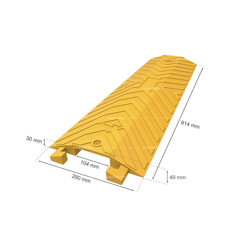 3D drawing of a polyurethane drop over cable cover also called drop over cable ramp showing dimensions