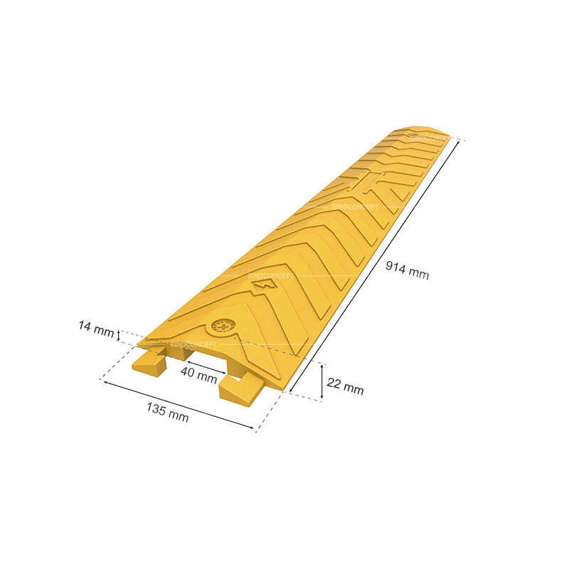 3D drawing of a polyurethane drop over cable protector also called drop over cable ramp showing dimensions