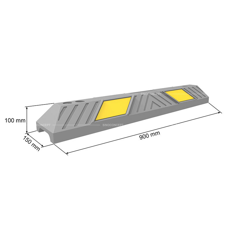 3D drawing of a rubber parking wheel stop showing dimensions of 900mm type, with yellow reflective glass bead reflective tapes
