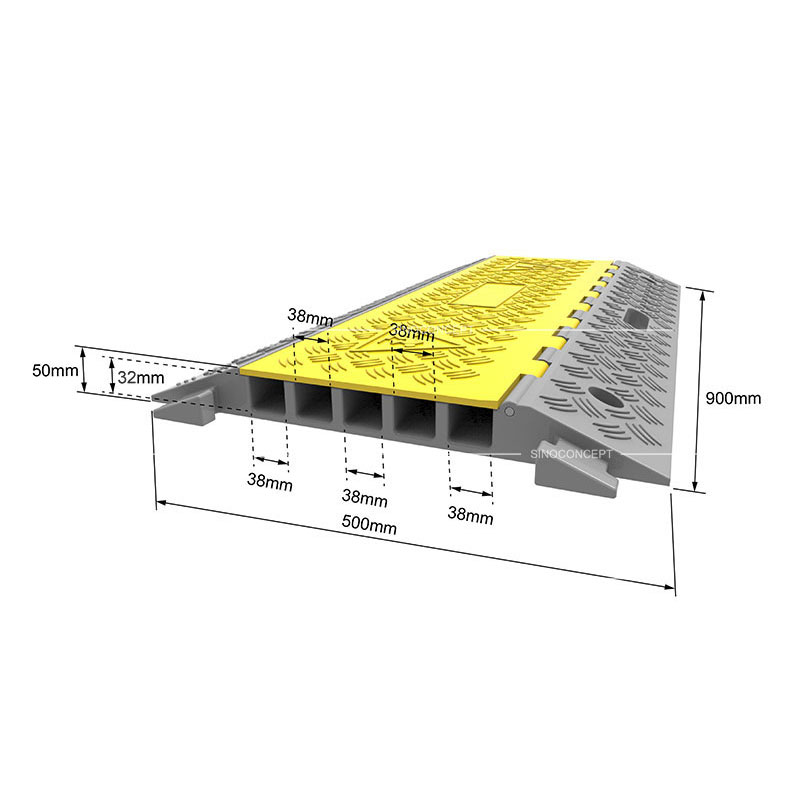 3D drawing of a rubber cable protector showing dimensions of 5 channels type, with a yellow plastic lid to protect cables or hoses.