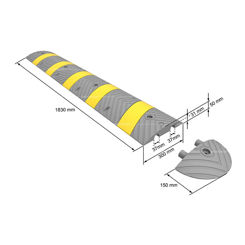 3D drawing of one part speed bump dimensions made of black and yellow recycled rubber used as a traffic calming device