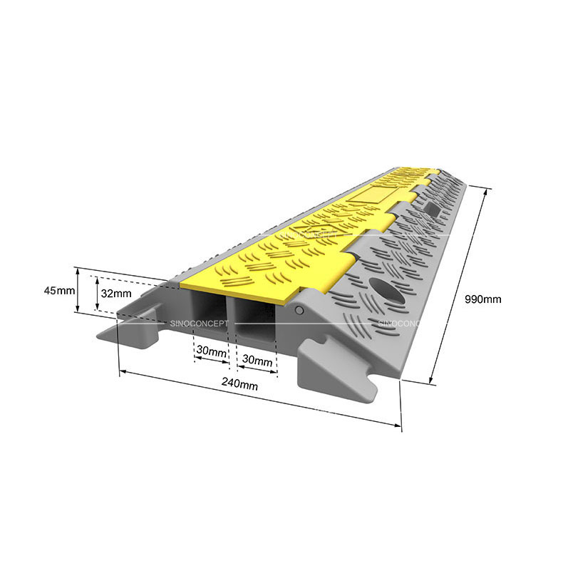3D drawing of a rubber cable protector showing dimensions of 2 channels type, with a yellow plastic lid to protect cables or hoses.