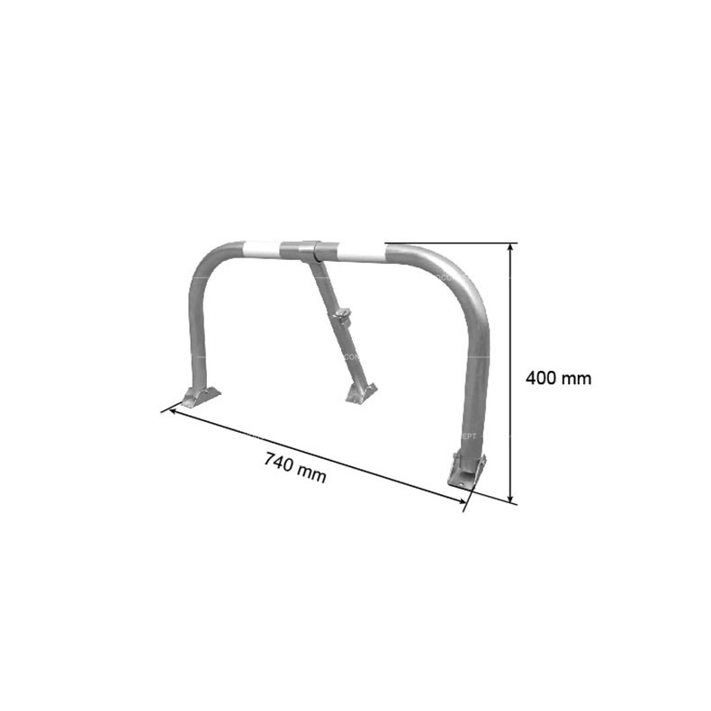Drawings of a steel lockable parking barrier showing dimensions including the length and height.