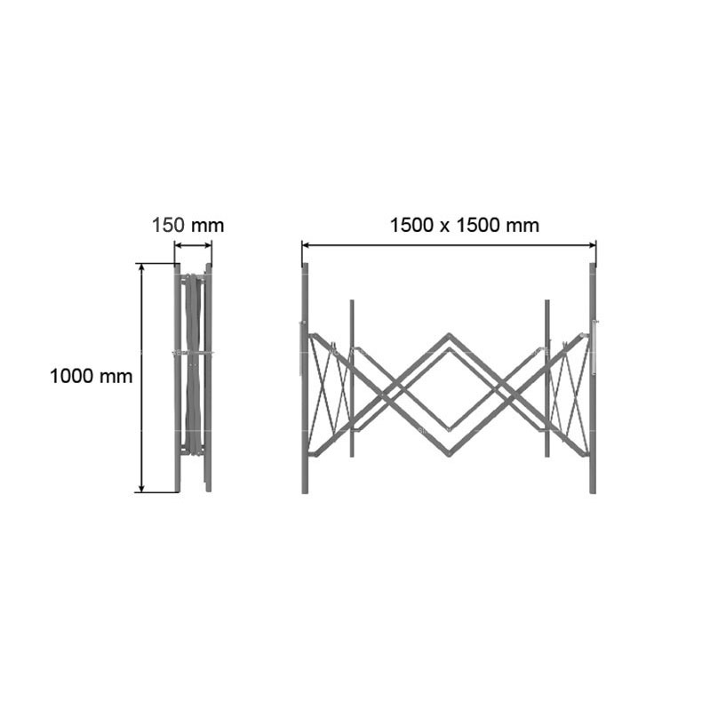 Drawings of steel manhole barriers showing dimensions including the maximum length, minimum length and height.