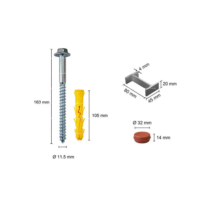 A galvanized hex flange coach screw (11.5mm diameter, 160mm height) with a 105mm yellow plastic anchor, alongside a red cap and an H connector.