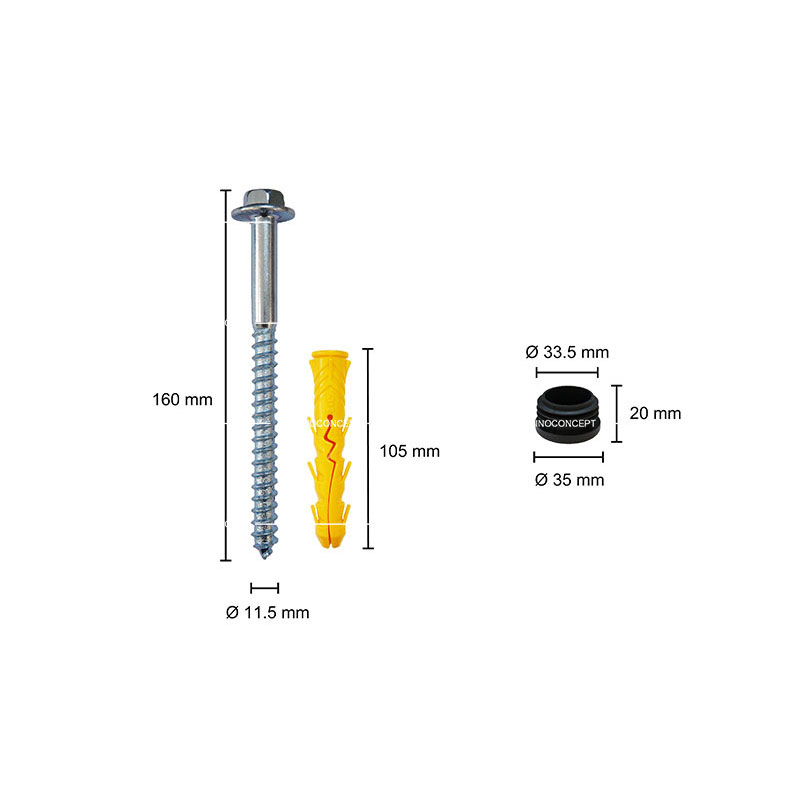 A flange bolt with a diameter of 11.5mm and a height of 160mm, paired with a yellow plastic anchor that is 105mm in height. There is also a black cap with a height of 20mm.