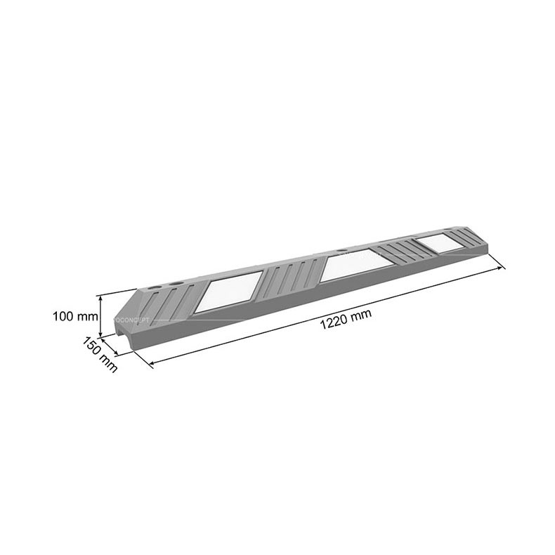 Drawing of a 1220mm wheel stop with white reflective films showing dimensions including the length, width and height.